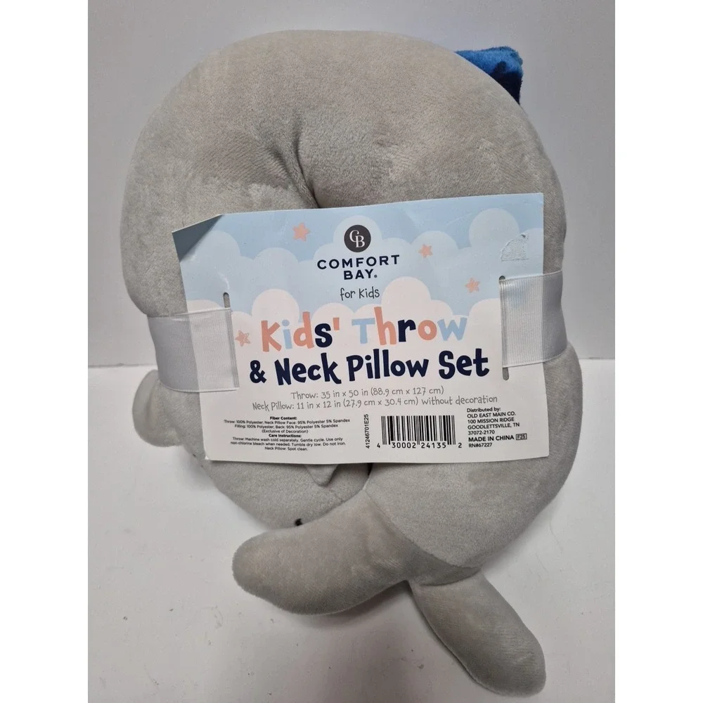 Kids Throw & Neck Pillow Set SHARK Print Soft Plush Travel Pillow NEW WITH TAGS